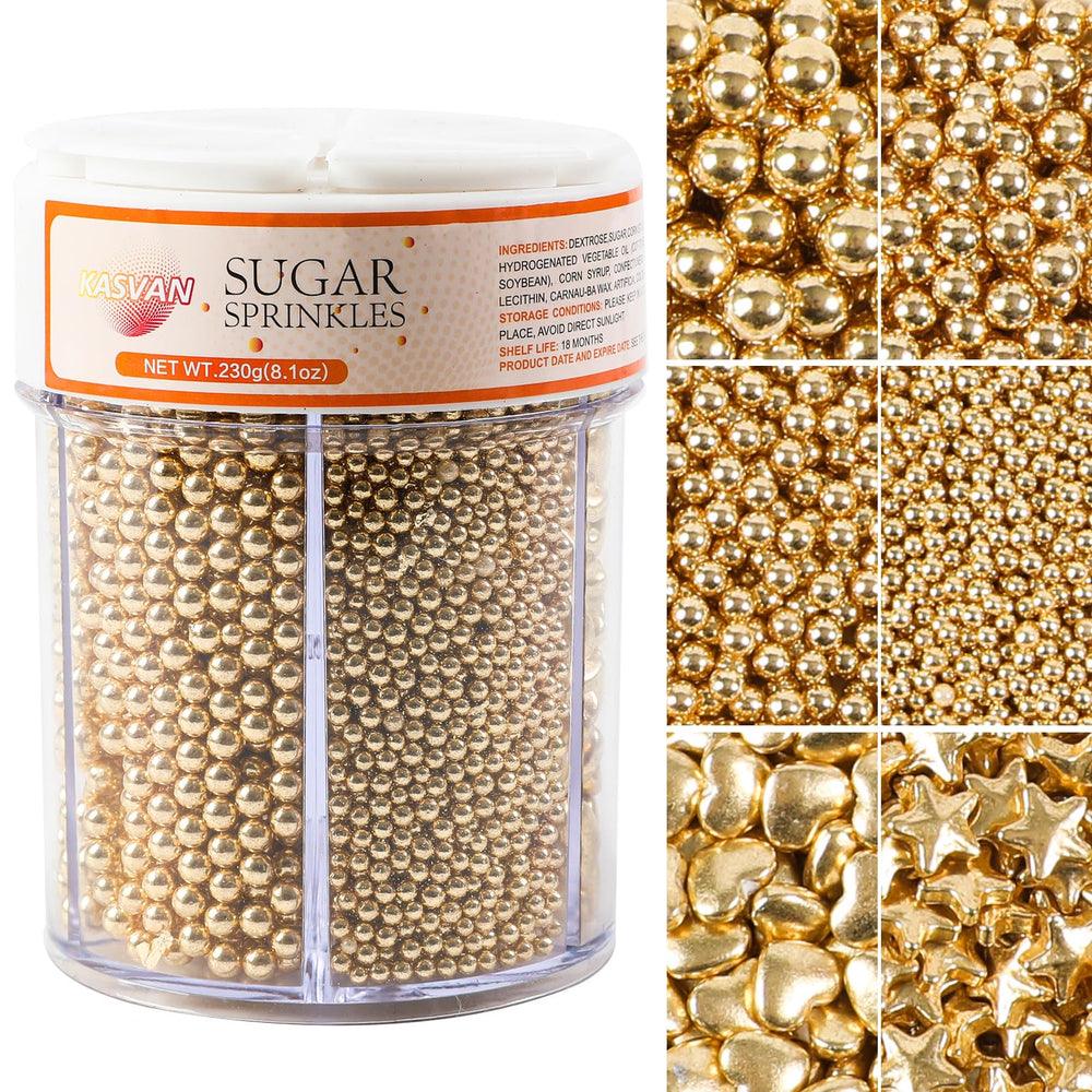 Kasvan Gold Pearl Sugar Sprinkles jar adds elegant shine to desserts.