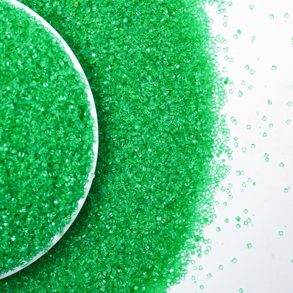 Kasvan Green Sanding Sugar topping on ice cream – colorful, crunchy garnish.