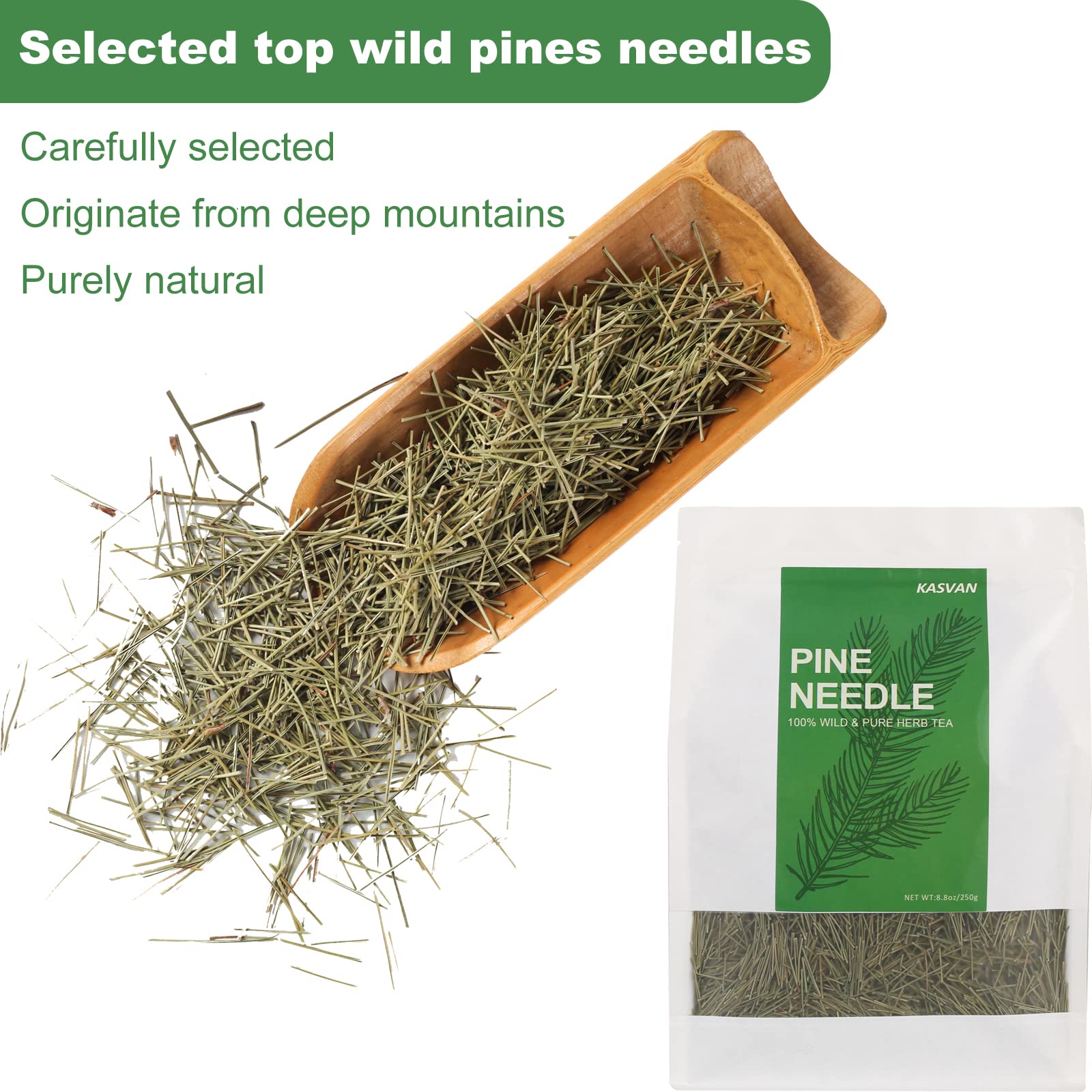 KASVAN Pine Needle Tea bag close-up, ready to brew for a soothing cup
