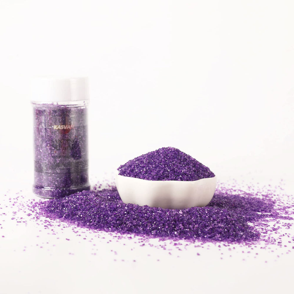 Kasvan purple sanding sugar on Christmas desserts for festive flair.