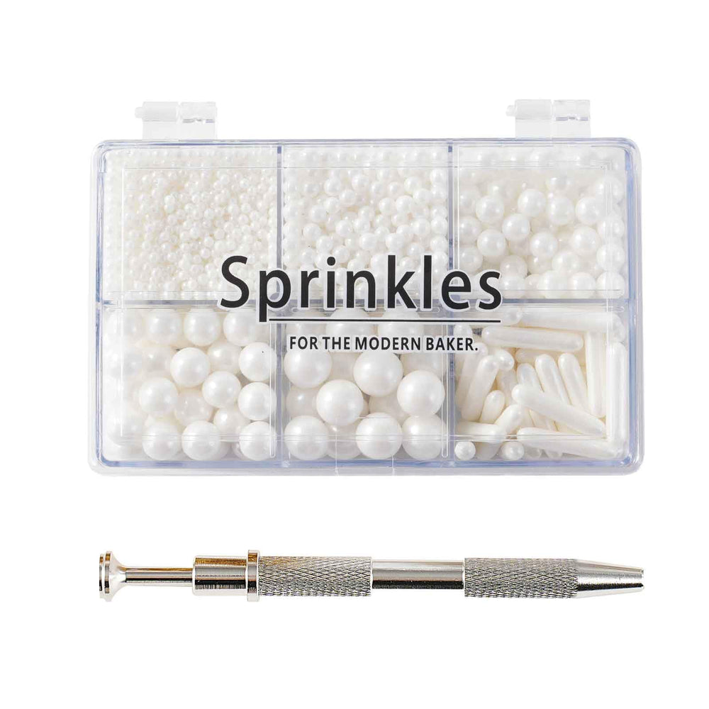 Kasvan White Mix Sugar Sprinkles bottle for cake decorating adds elegant edible pearls