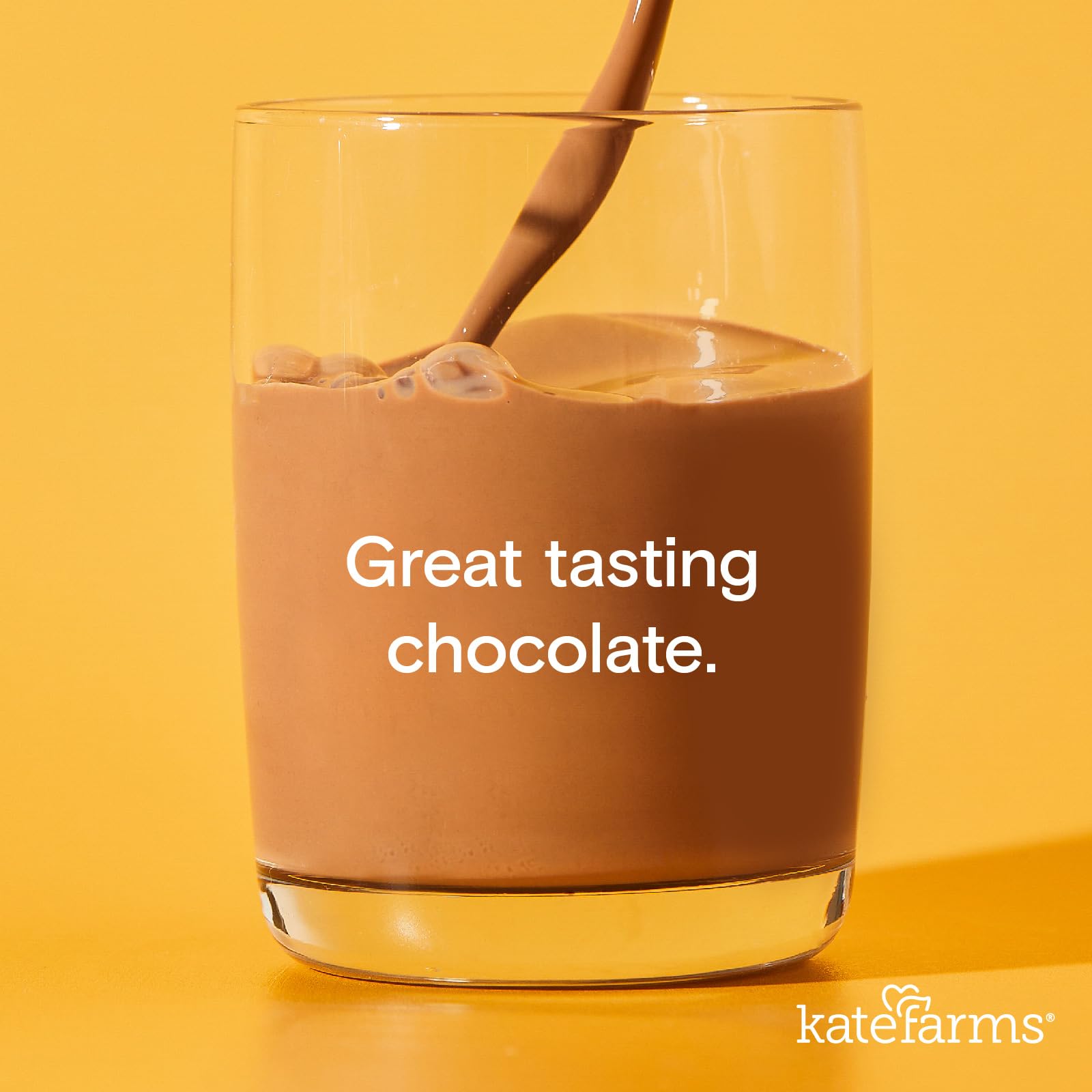 Kate Farms chocolate shake bottle side view shows nutrition facts for informed choices.