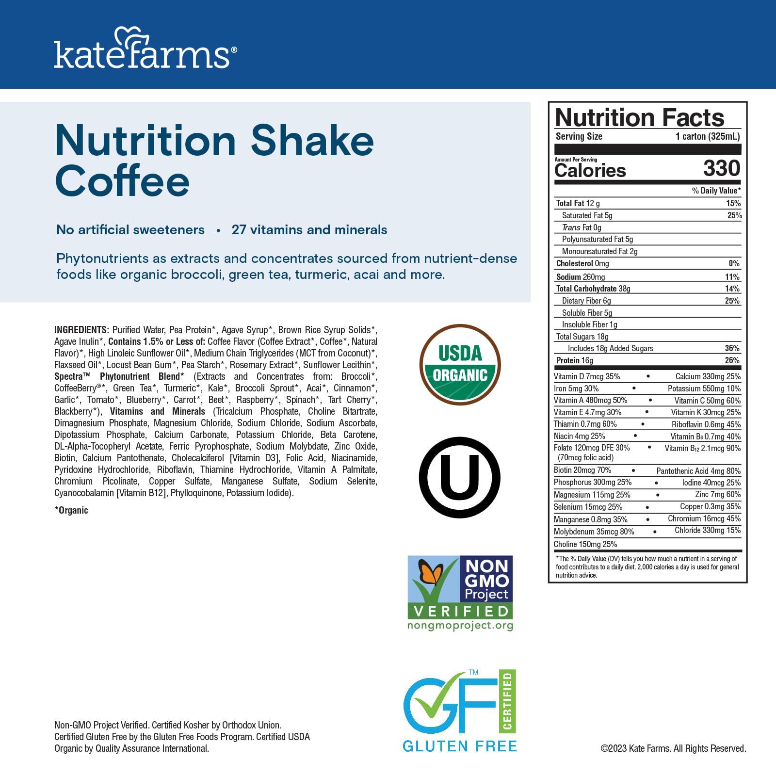 Kate Farms coffee shake six-pack packaging for on-the-go nutrition