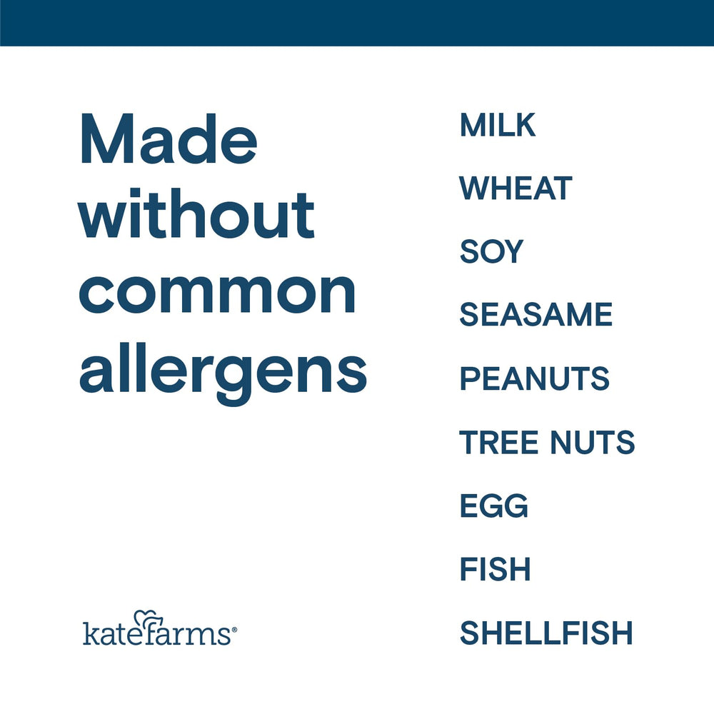 Close-up of Kate Farms bottle emphasizes plant-based, organic ingredients and nutrition panel.
