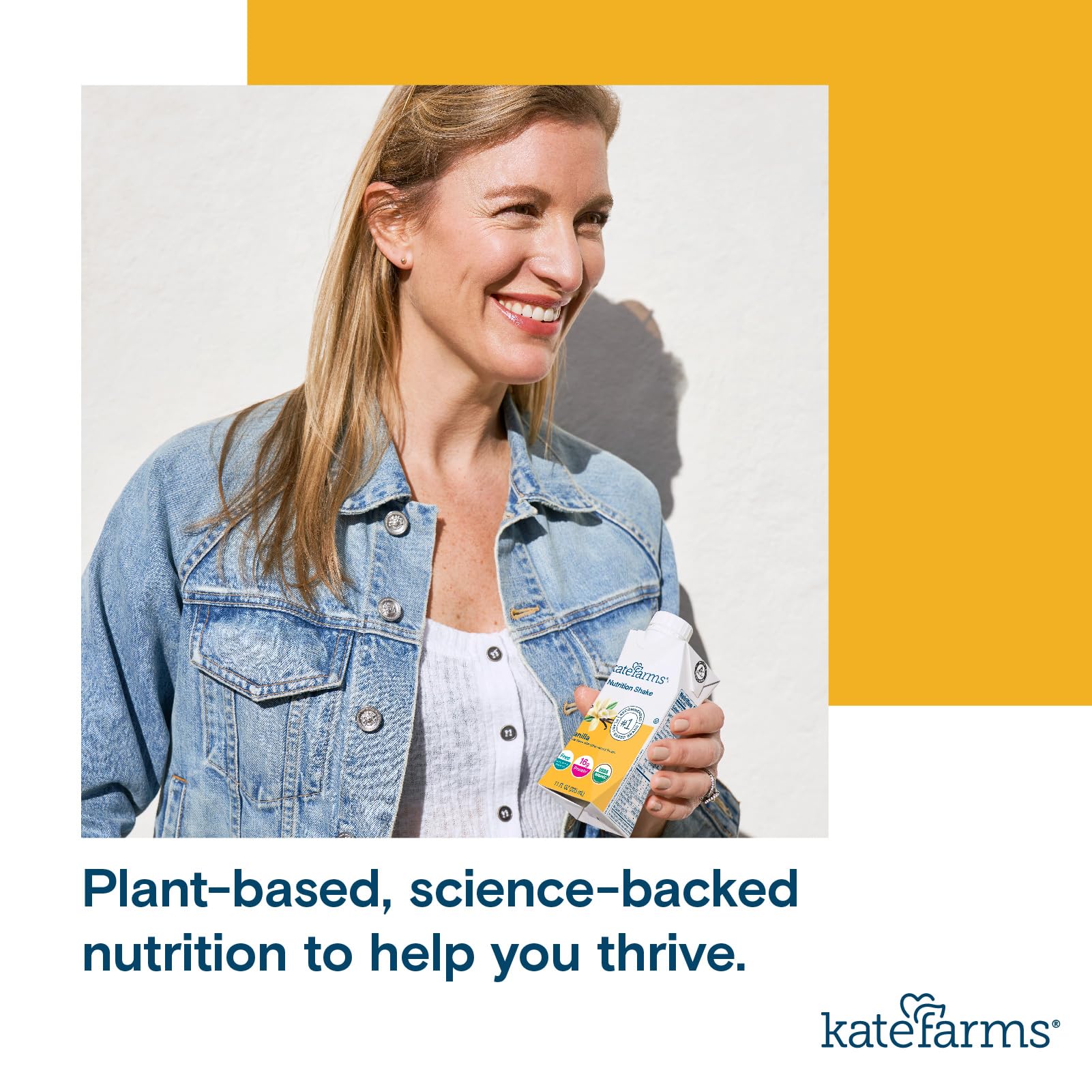 Bottle label of Kate Farms vanilla shake showing 27 vitamins and minerals.