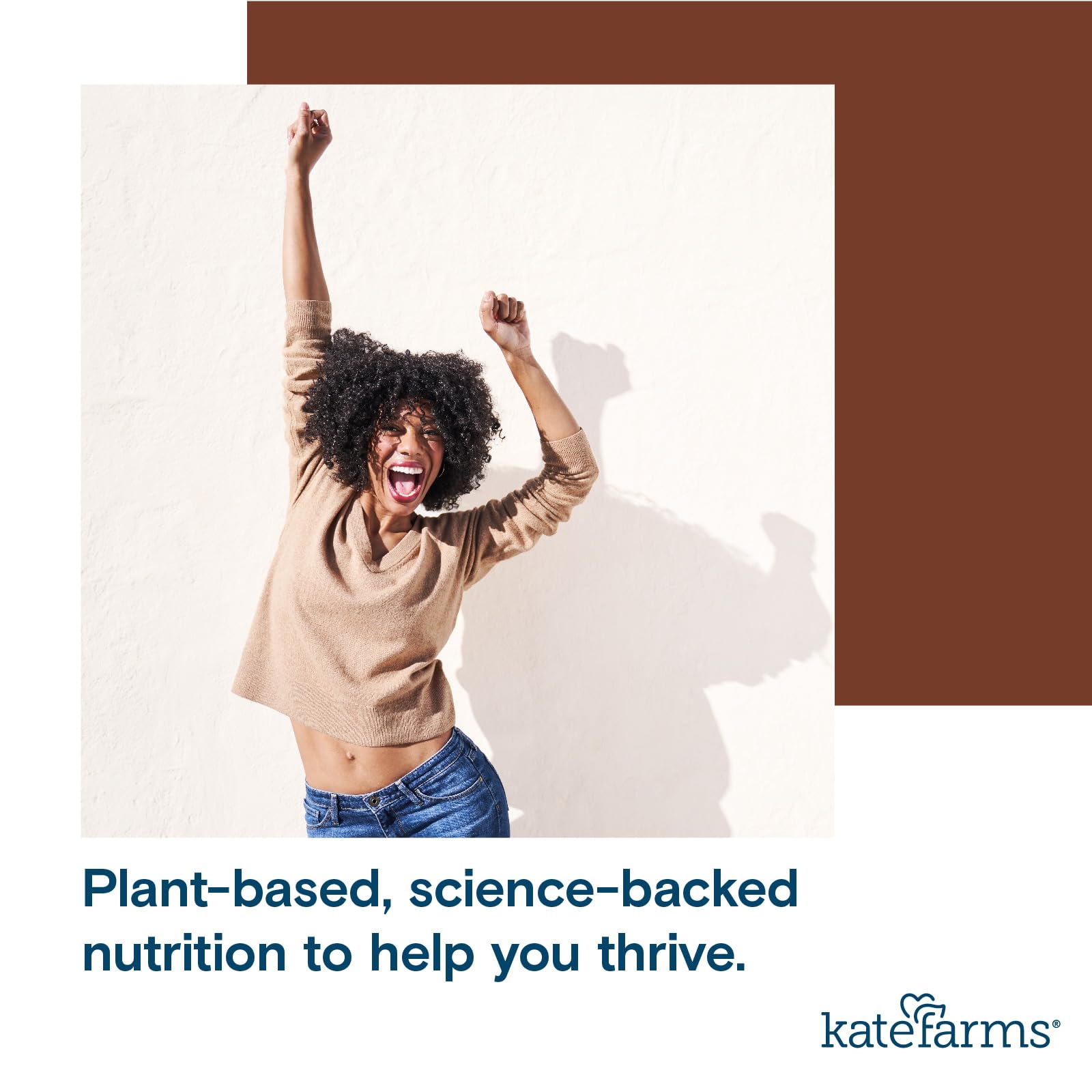 Nutrition facts panel for Kate Farms shows 16g protein and 27 vitamins and minerals.