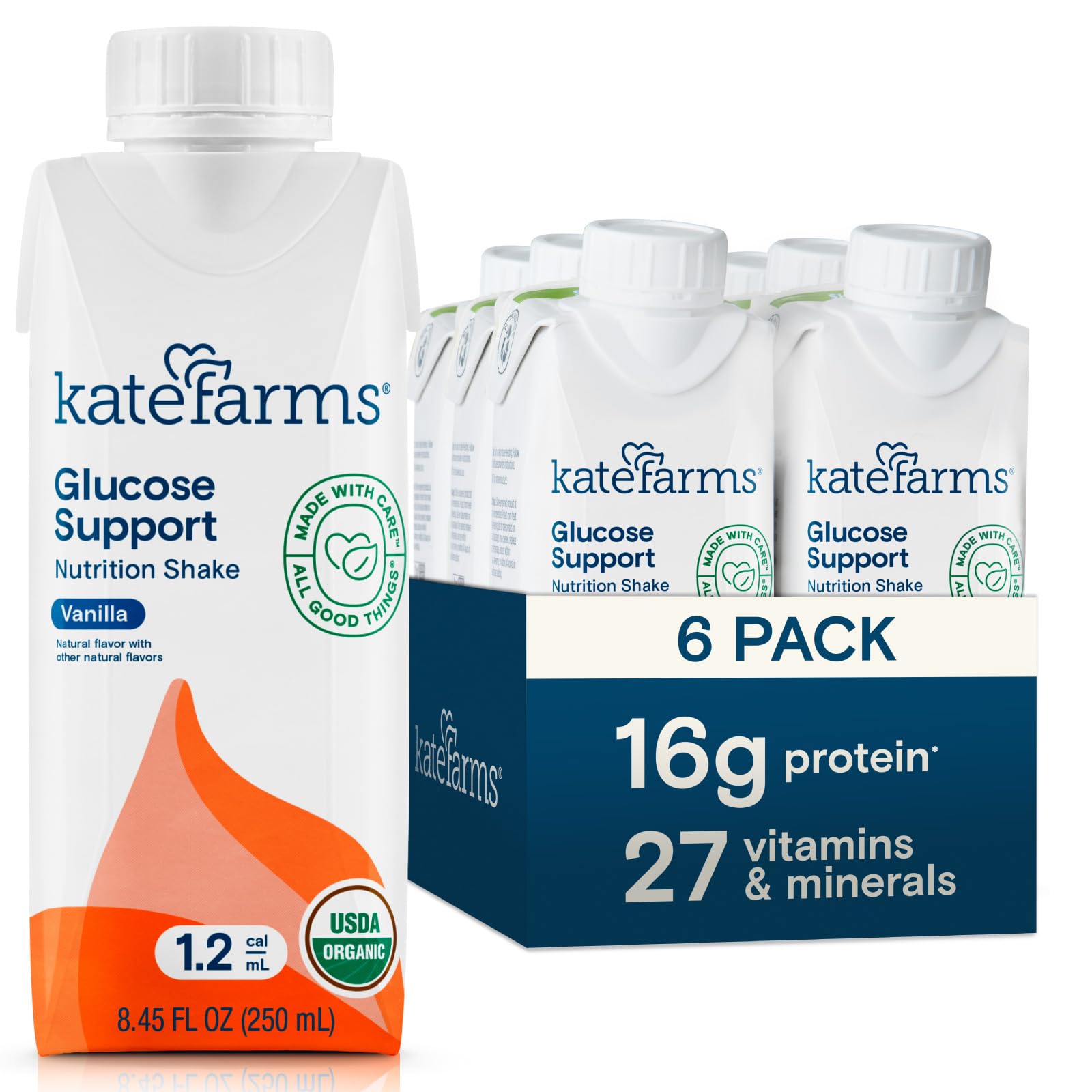 Kate Farms Organic Glucose Support Shake vanilla bottle, protein-rich meal replacement option.
