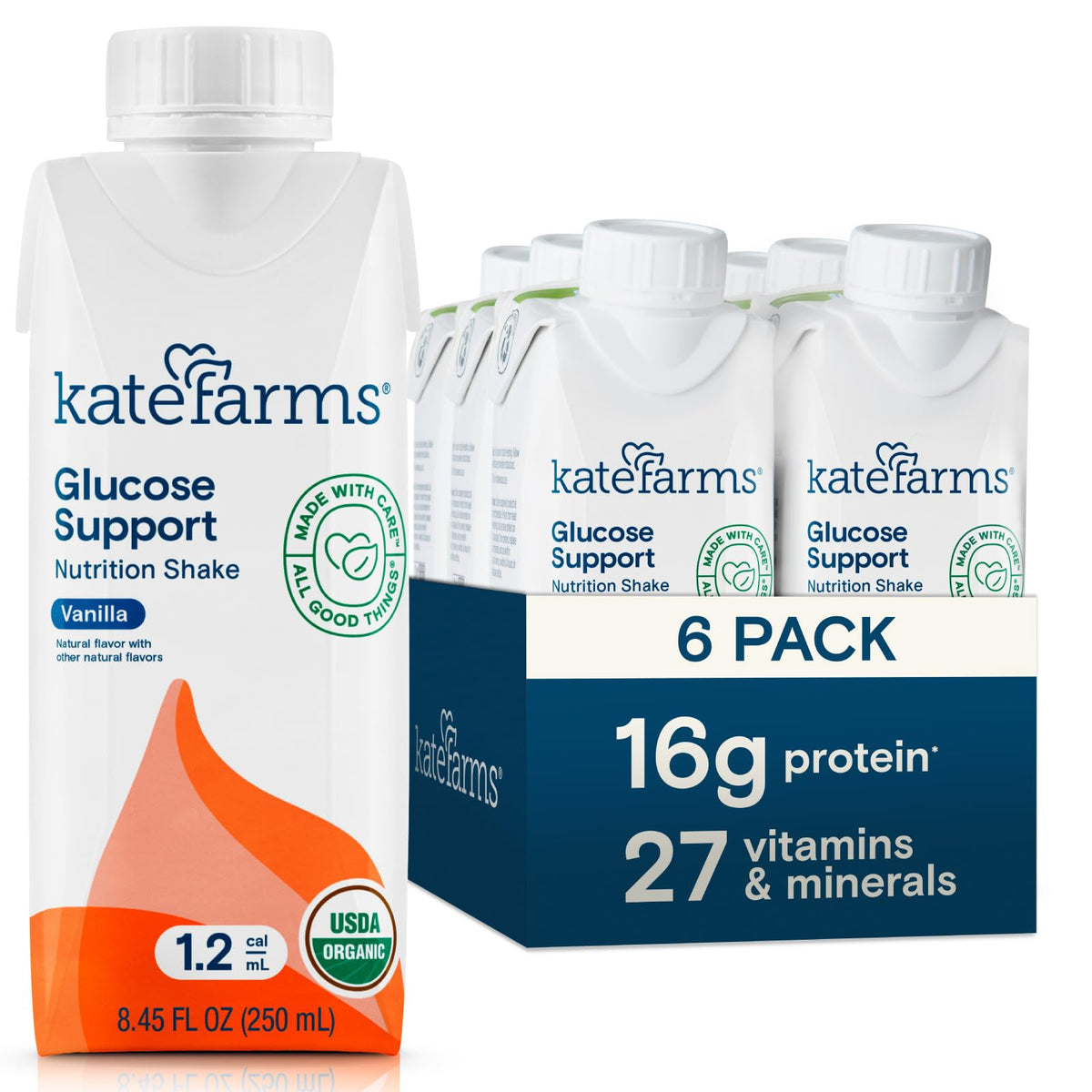 Kate Farms Organic Glucose Support Shake vanilla bottle, protein-rich meal replacement option.