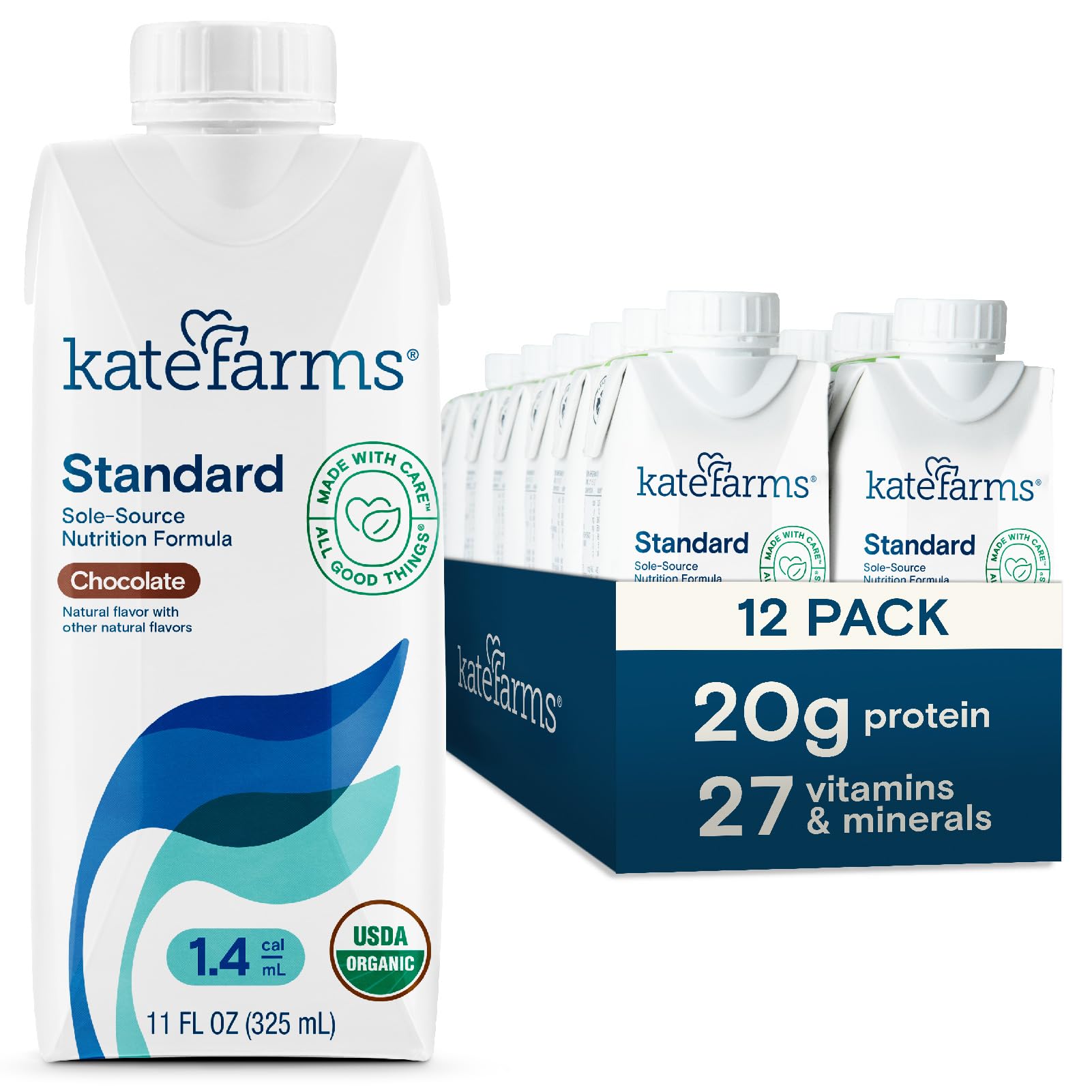 Kate Farms Organic 1.4 Chocolate shake bottle on a counter, ideal meal replacement.