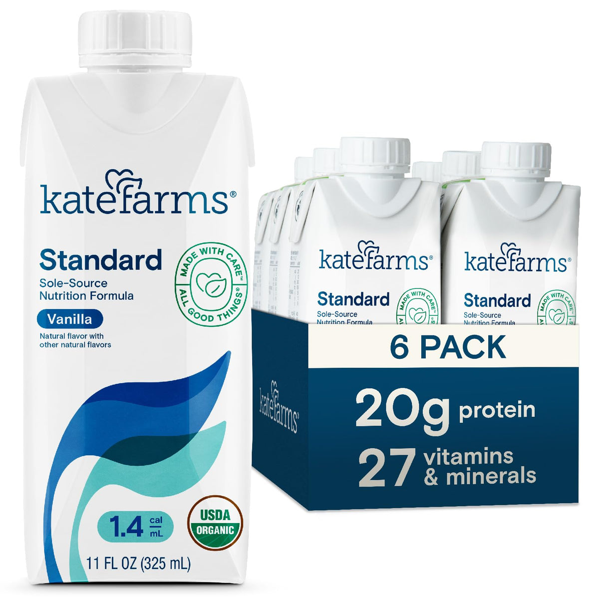 Kate Farms Organic 1.4 Vanilla shake front label highlights 455 calories per carton
