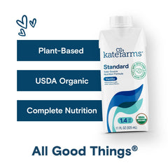 Kate Farms Organic 1.4 Vanilla shake nutrition facts panel with protein and vitamins
