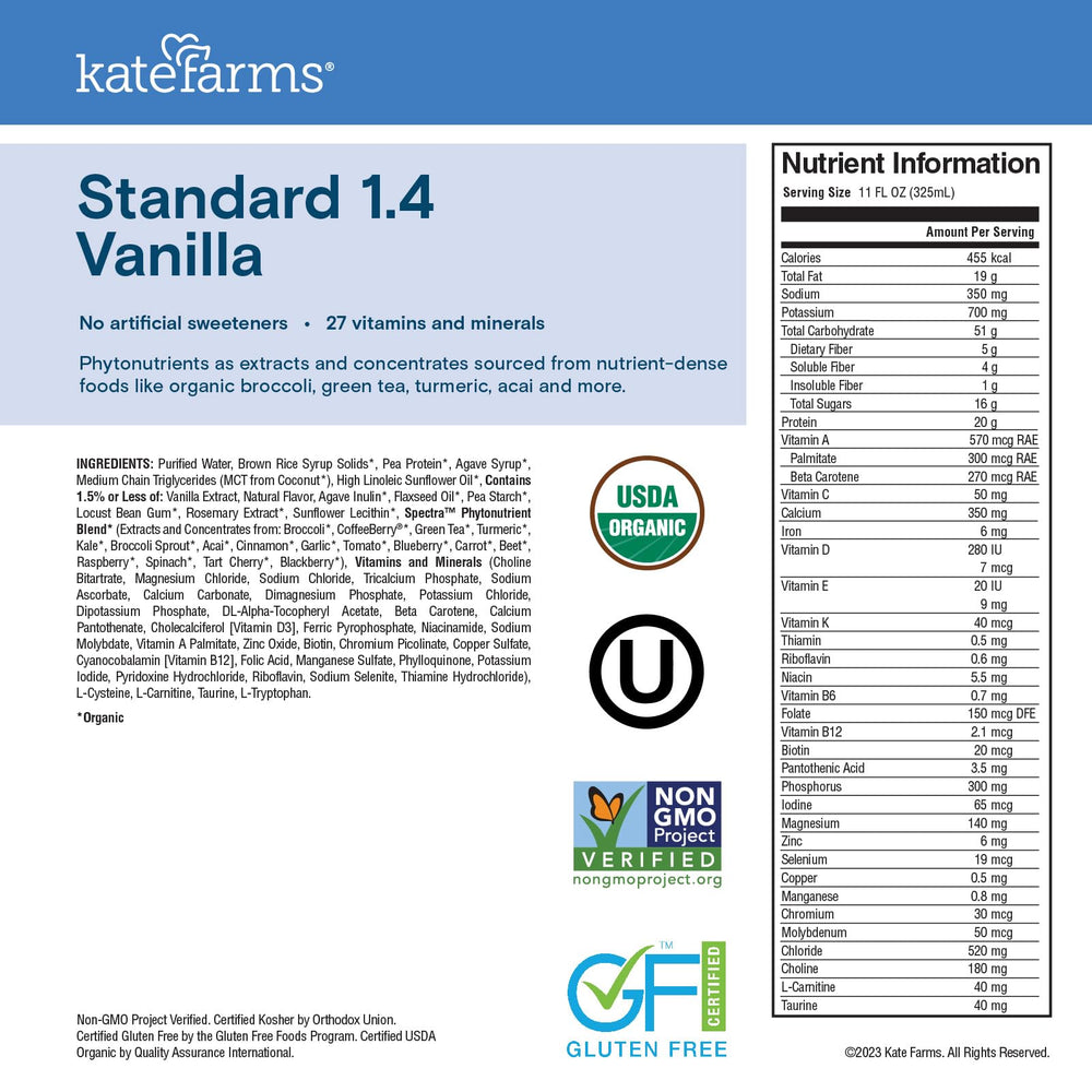 Kate Farms Vanilla shake product image emphasizes vegan, allergen-free formulation