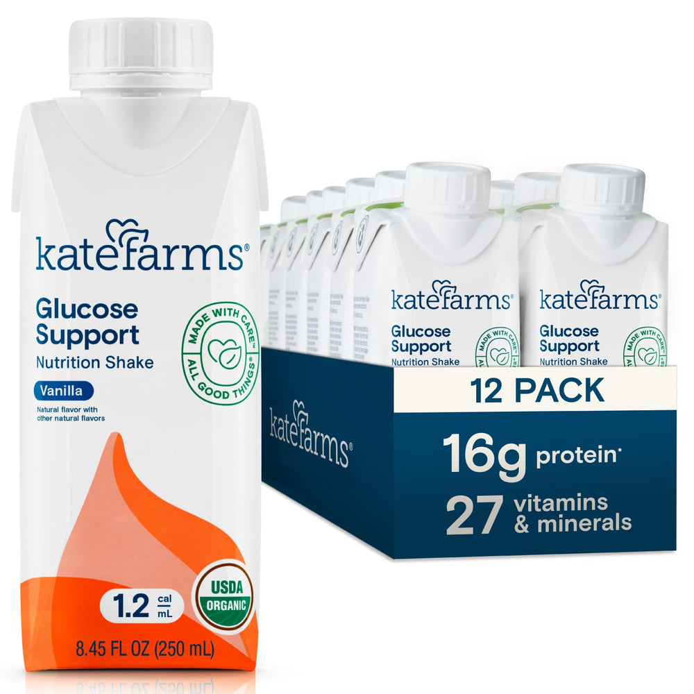 Kate Farms Organic 1.2 glucose support shake bottle, plant-based nutrition for a balanced meal