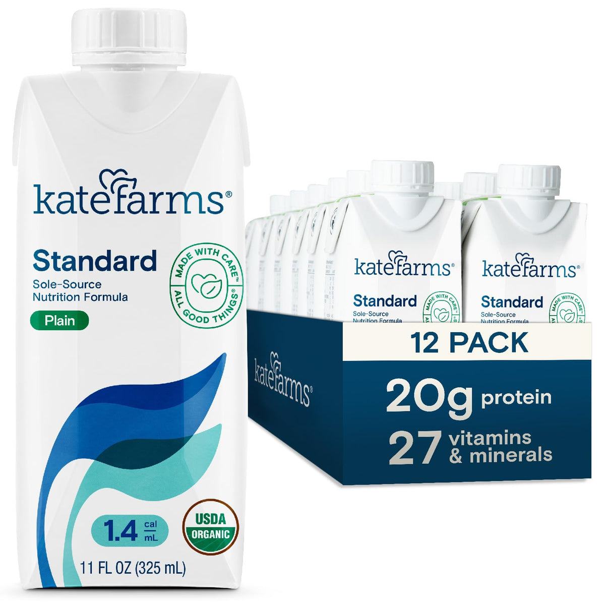 Kate Farms Organic 1.4 plain shake bottle highlighting high calorie, protein-packed nutrition
