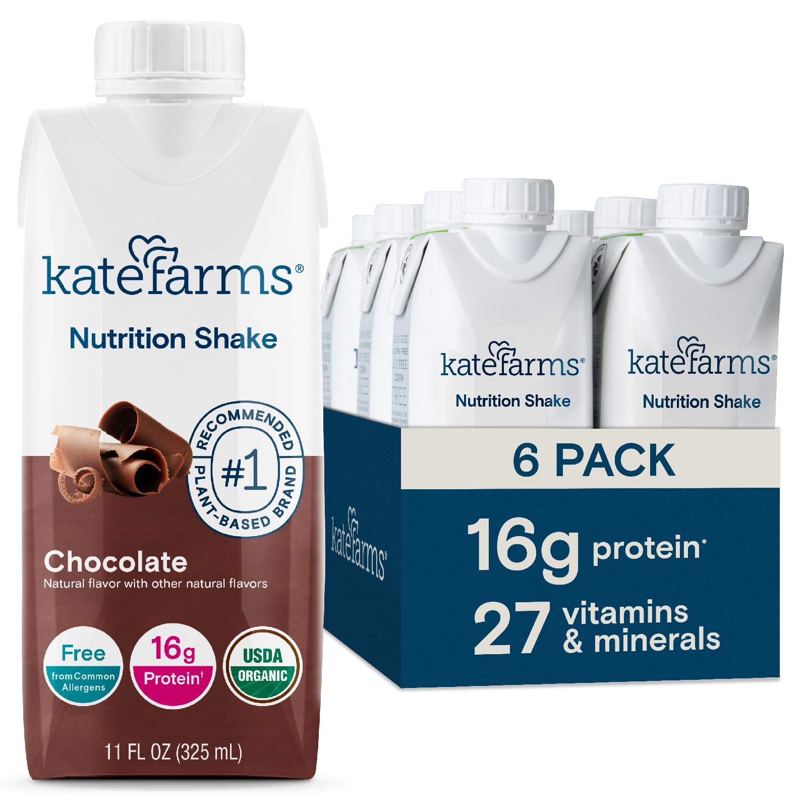 Kate Farms Organic Nutrition Shake chocolate bottle showcases 16g protein per serving.