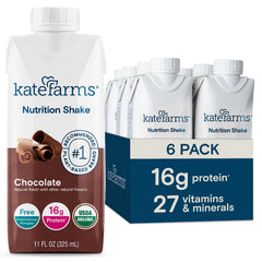 Kate Farms Organic Nutrition Shake chocolate bottle showcases 16g protein per serving.