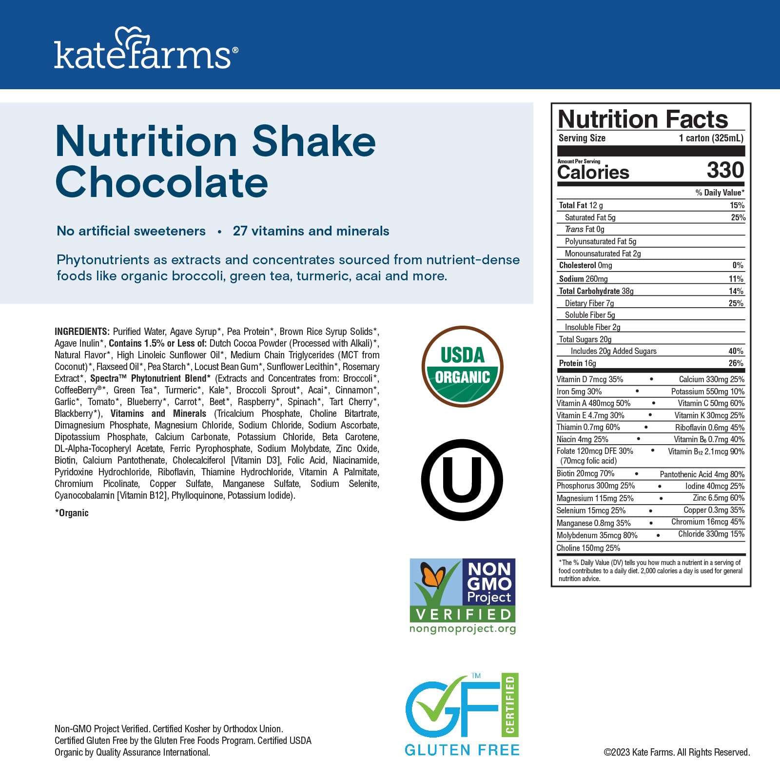 Kate Farms Organic Nutrition Shake label highlights 27 vitamins and minerals for daily wellness.