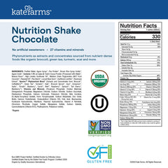 Kate Farms Organic Nutrition Shake label highlights 27 vitamins and minerals for daily wellness.
