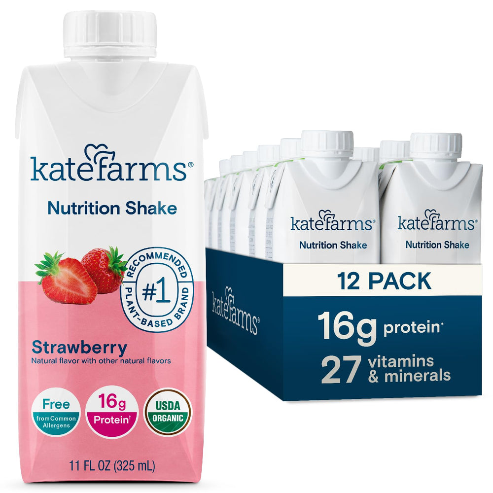 Kate Farms Organic Nutrition Shake strawberry bottle for on-the-go meals.