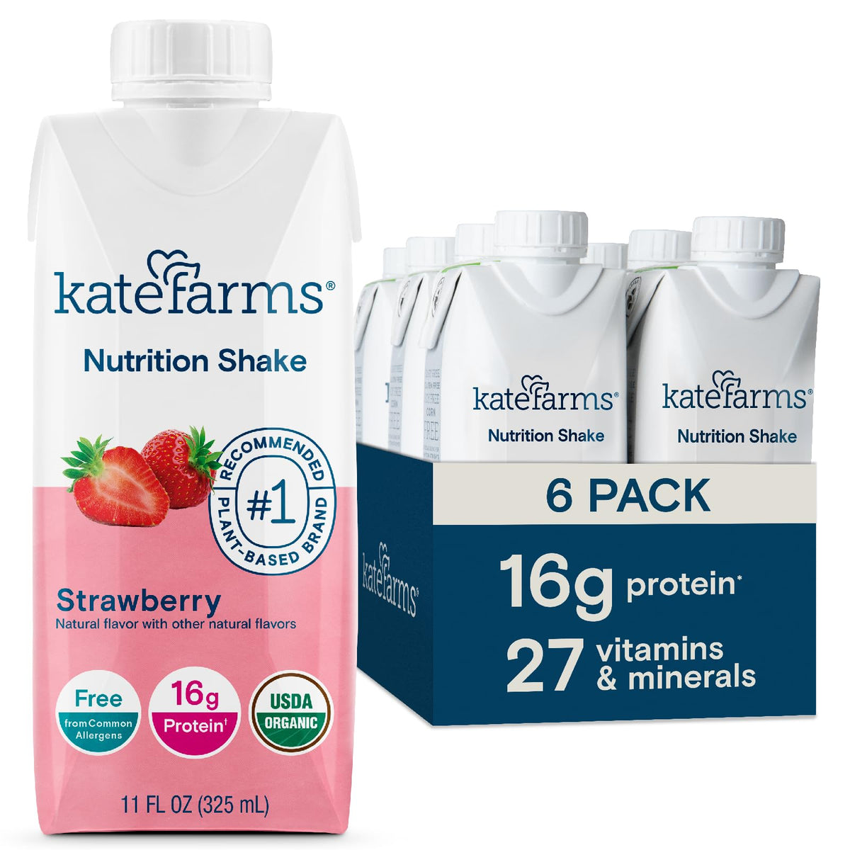 Kate Farms Organic Nutrition Shake Strawberry bottle front view, convenient meal replacement