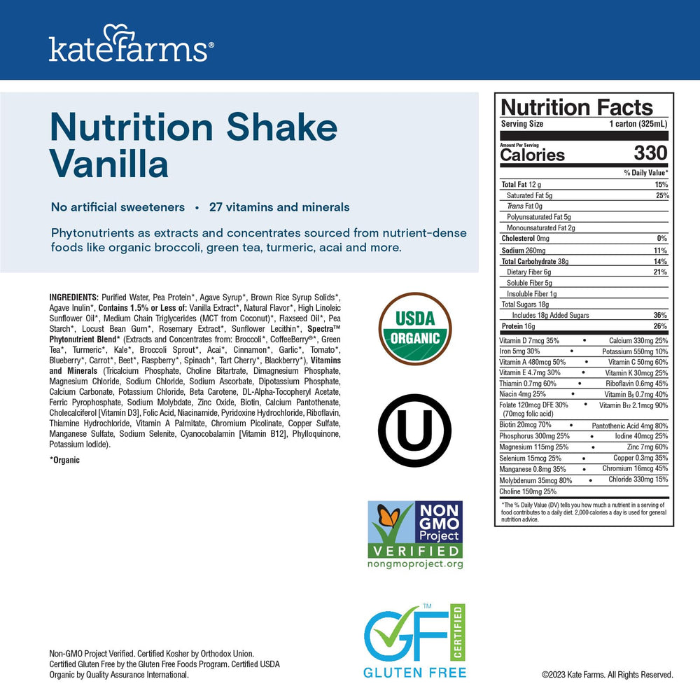 Kate Farms Vanilla Nutrition Shake with 16g plant-based protein per serving