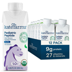 Kate Farms Pediatric Peptide 1.0 Vanilla bottle pour showing easy serving and plant-based nutrition