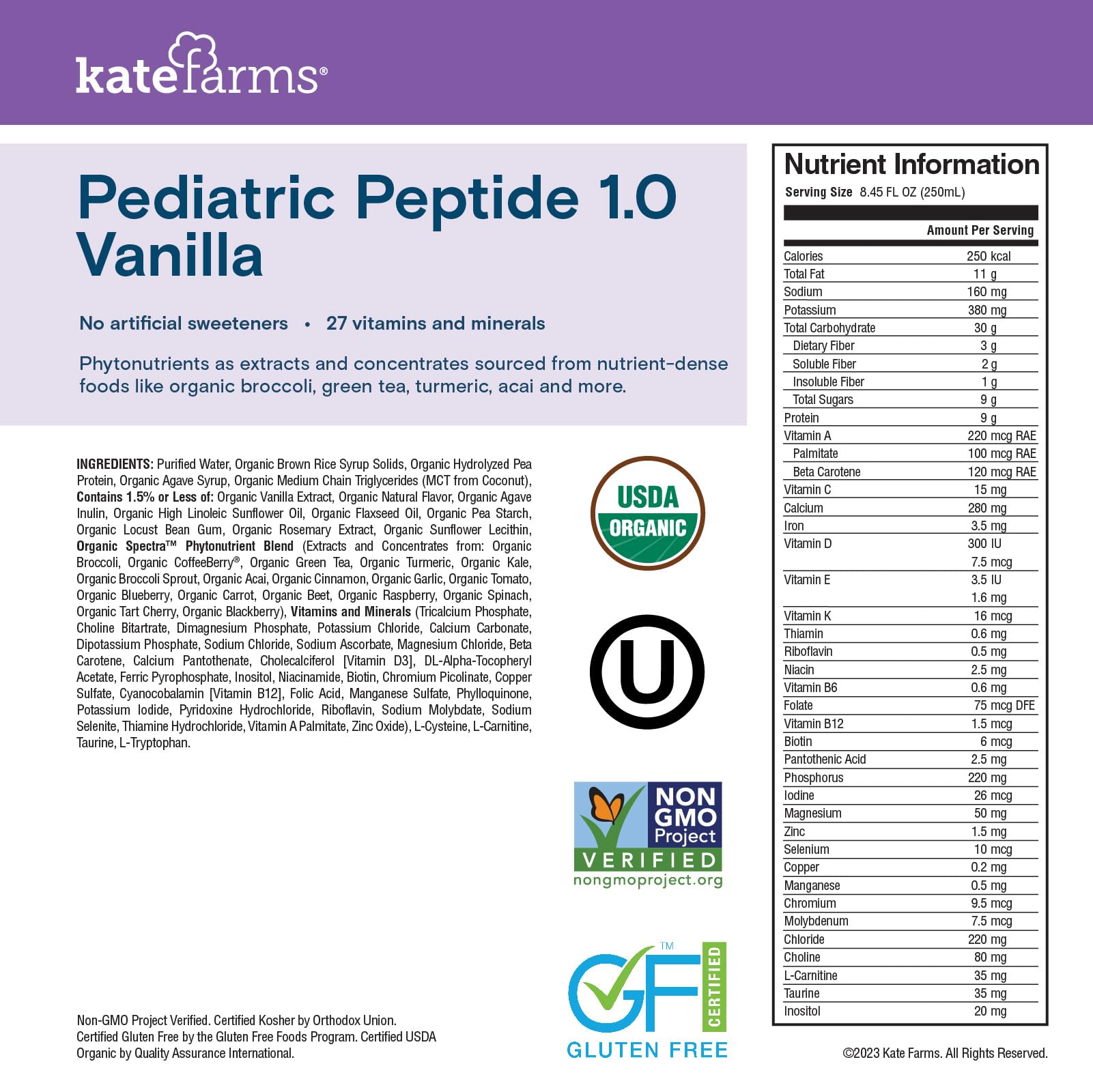 Kate Farms Vanilla label closeup highlighting organic peptide-based nutrition for kids