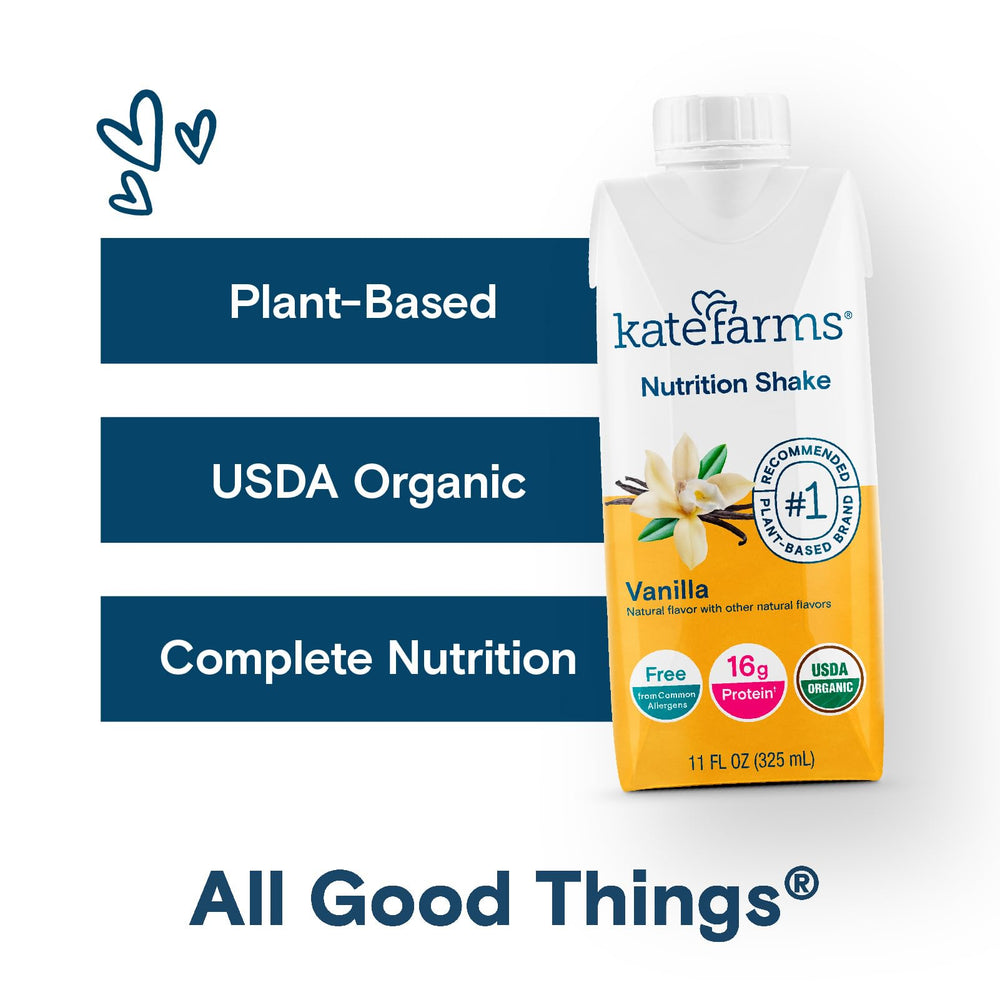 Kate Farms vanilla shake beside a glass to illustrate easy daily nutrition.