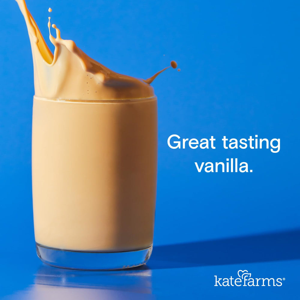 Kate Farms Vanilla nutrition label shows 16g protein and vitamins.