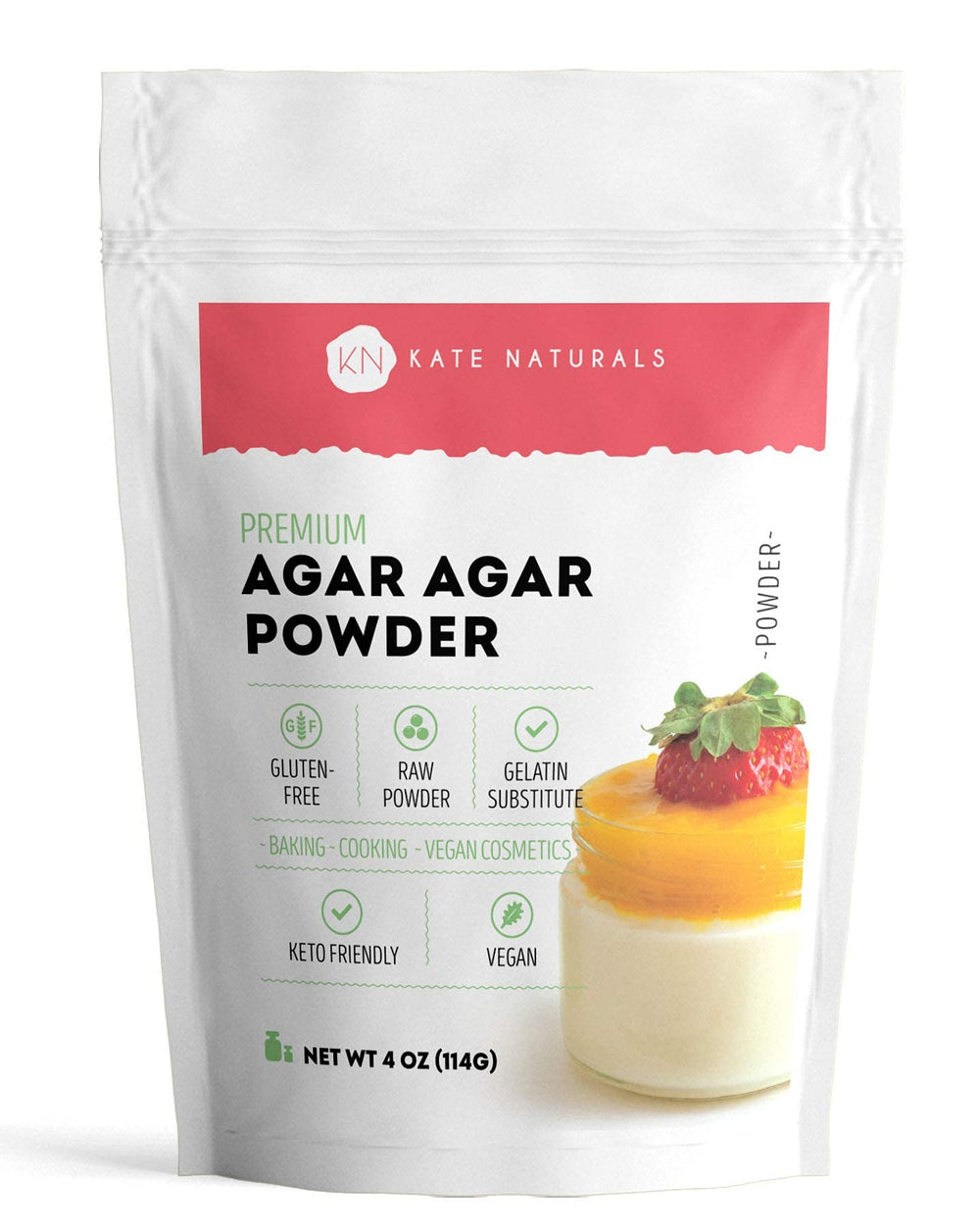 Kate Naturals agar-agar powder pouring for vegan desserts.