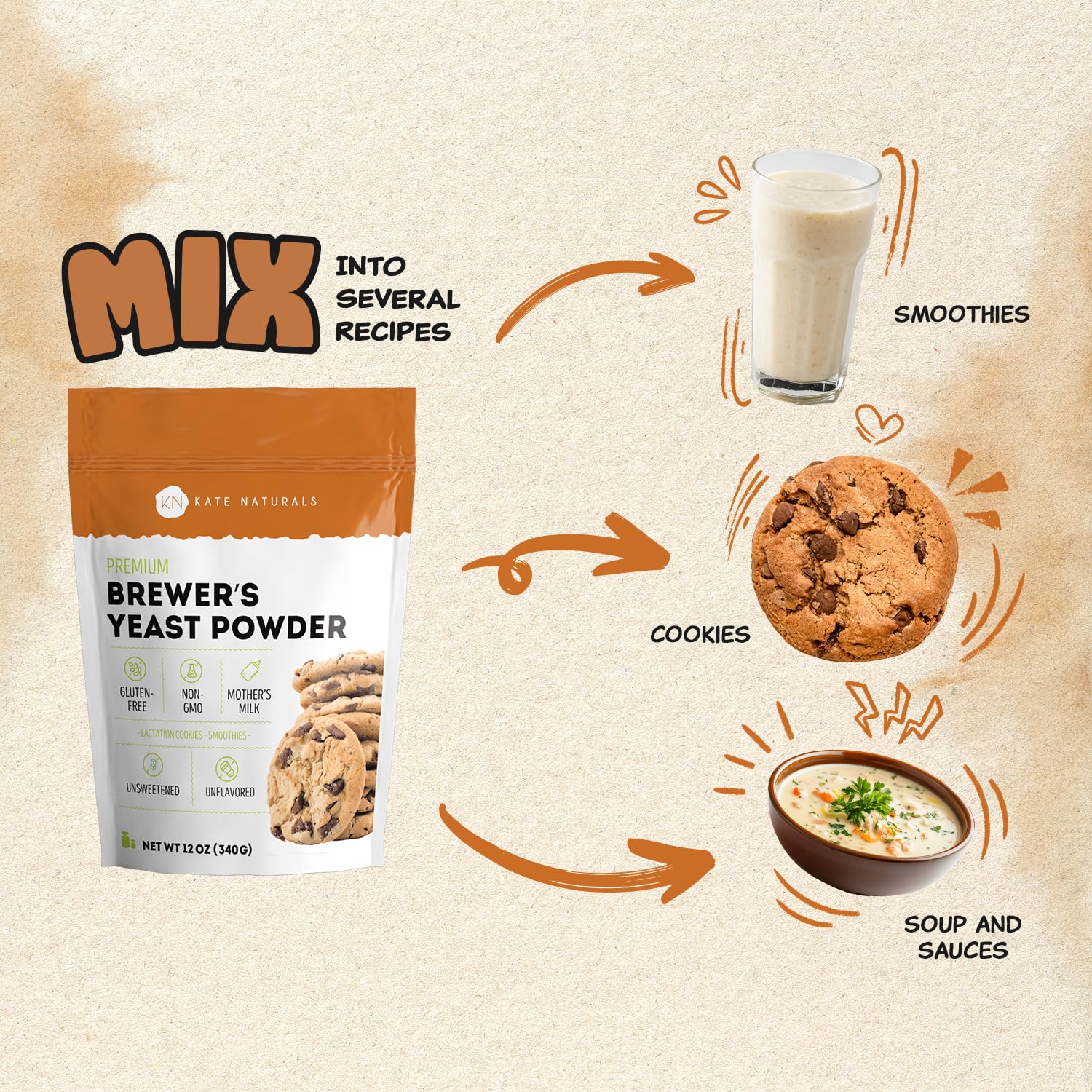 Kate Naturals Brewer's Yeast Powder with scoop, ideal for quick baking and smoothies
