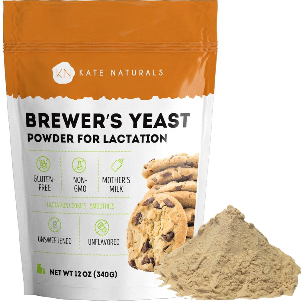 Kate Naturals Brewer's Yeast Powder packaging, gluten-free and non-GMO, ready for lactation recipes
