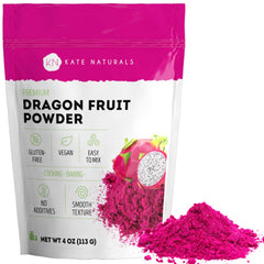 Kate Naturals Dragon Fruit Powder bottle shows vibrant pink color for natural baking and drinks.