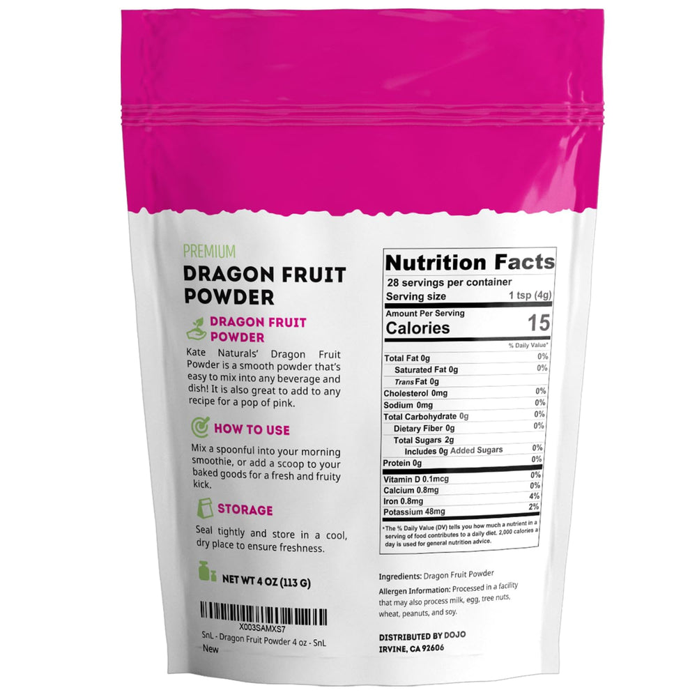 Kate Naturals Dragon Fruit Powder packaging demonstrates resealability for freshness and convenience.