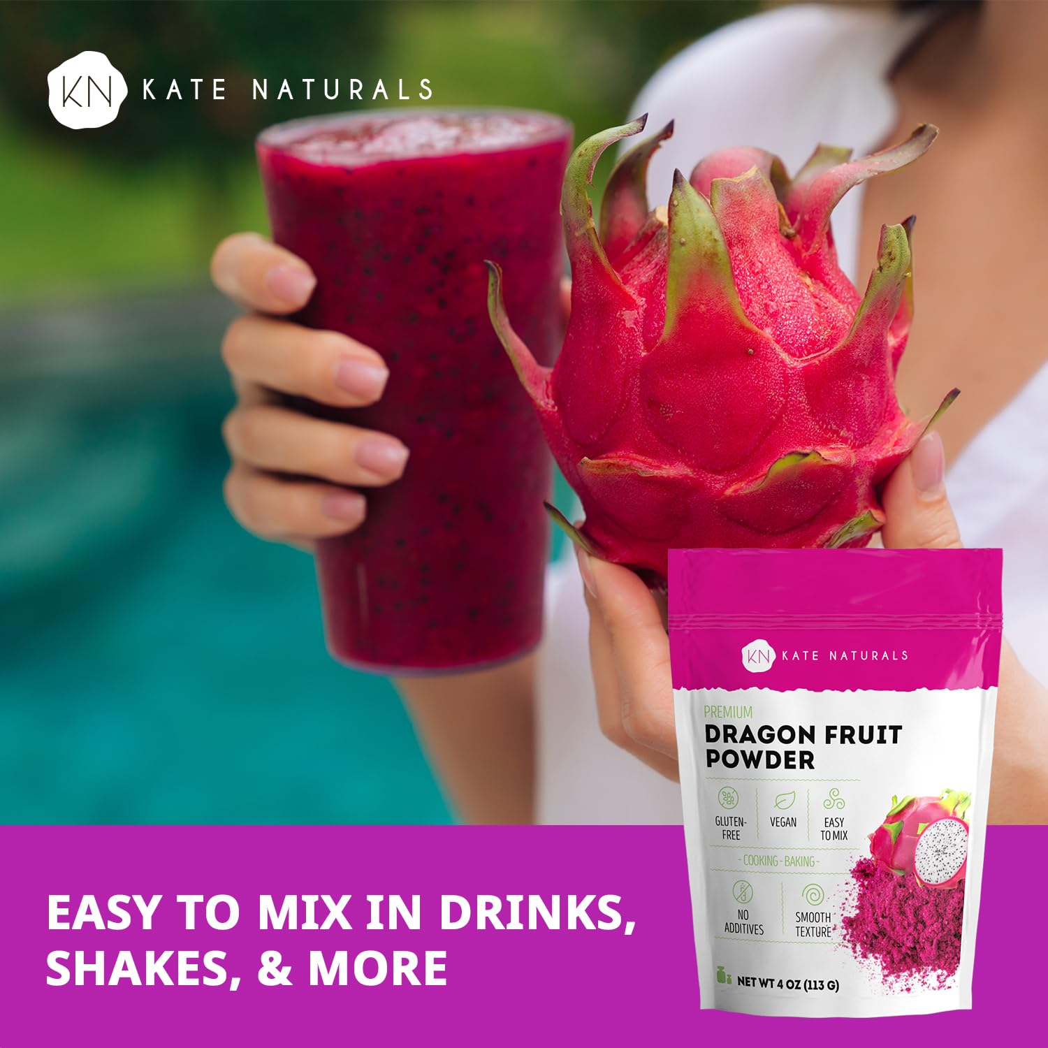 Kate Naturals Dragon Fruit Powder scoop facilitates easy measuring for smoothies and syrups.