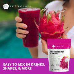 Kate Naturals Dragon Fruit Powder scoop facilitates easy measuring for smoothies and syrups.