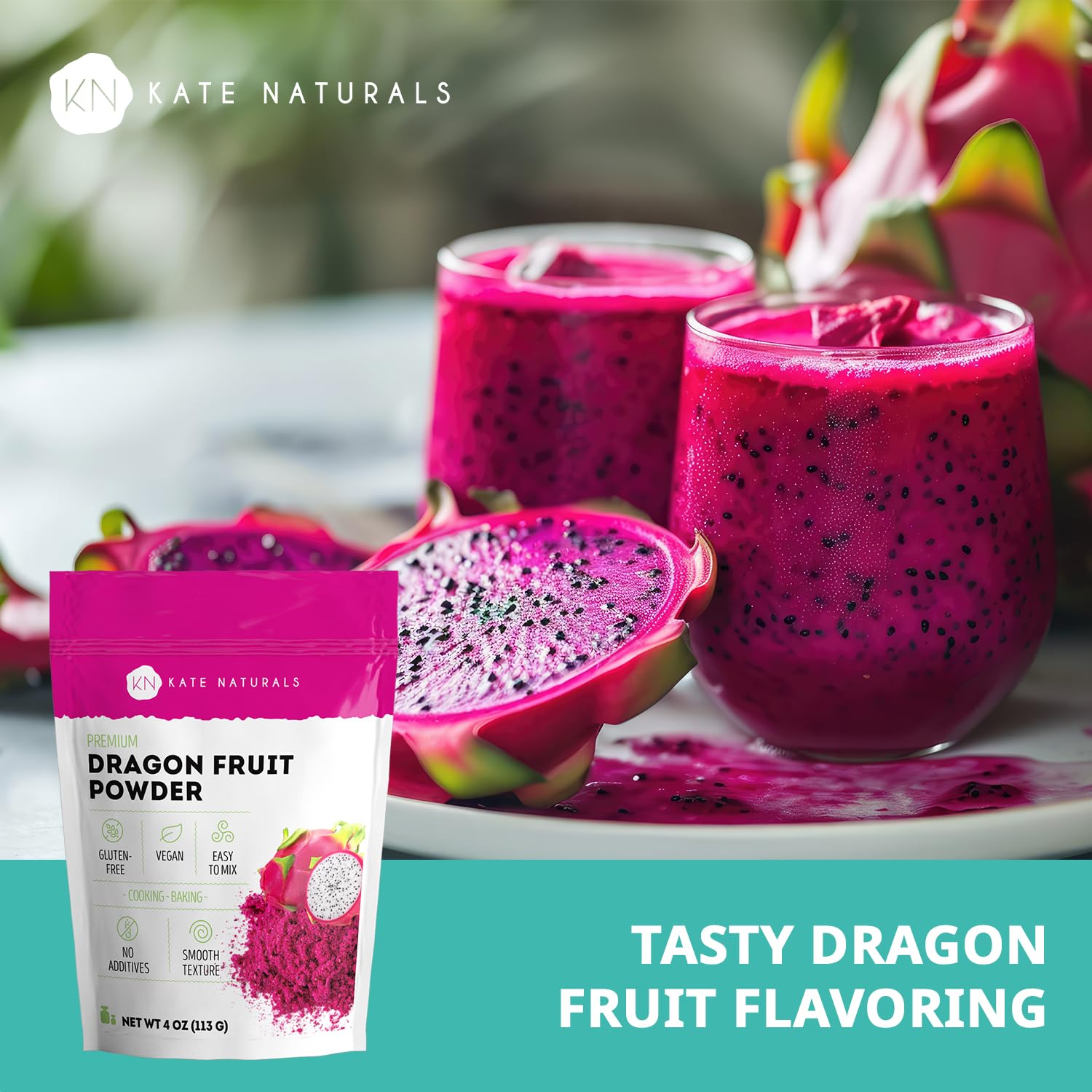 Kate Naturals Dragon Fruit Powder smoothie setup highlights vibrant pink hue addition.