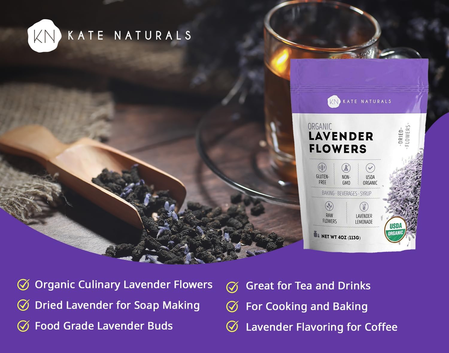 Kate Naturals lavender flowers for soap making; fragrant petals add a floral note to homemade soaps.