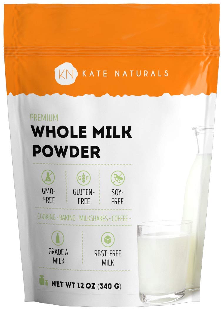 Kate Naturals dry whole milk powder bottle showing convenient, shelf-stable milk for cooking and drinks