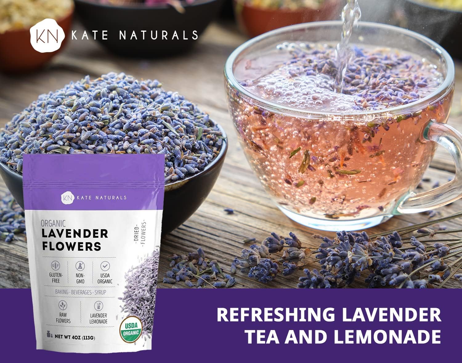 Kate Naturals culinary lavender buds; edible flowers perfect for baking cookies, macarons, scones.