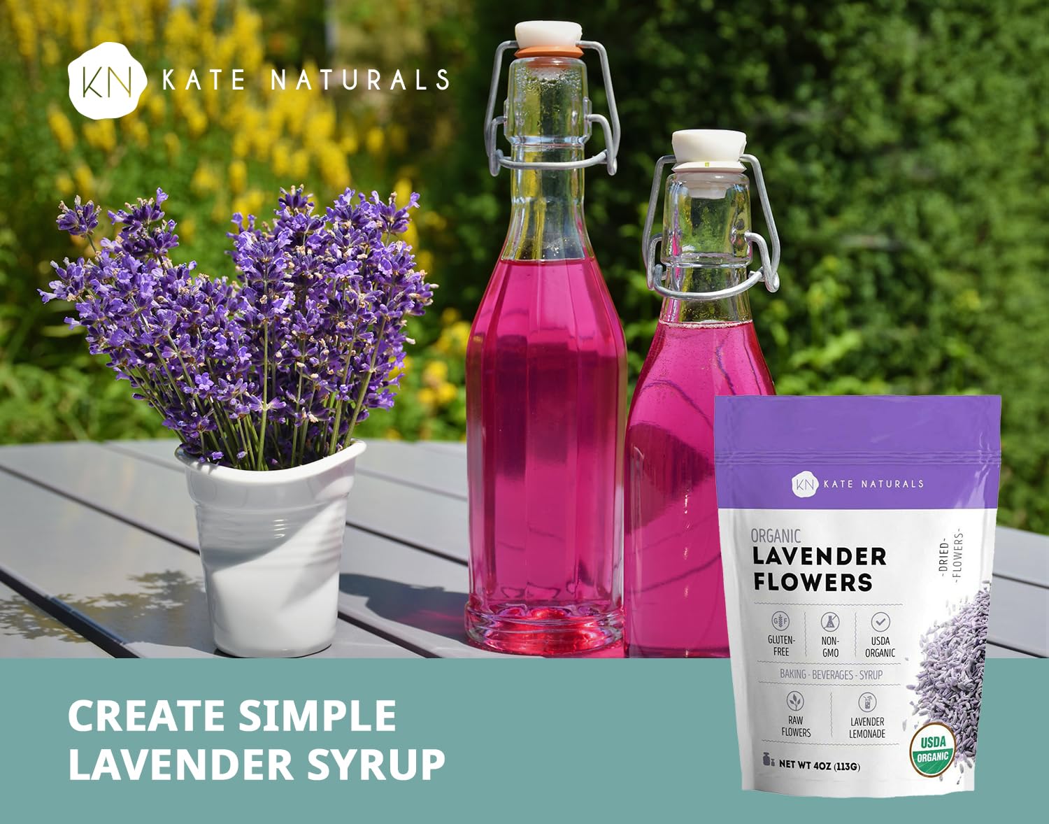 Kate Naturals lavender flowers; aroma-rich petals for beverages like lavender tea and lemonade.