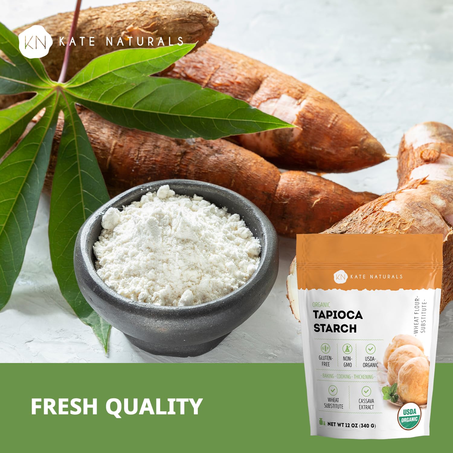 Kate Naturals tapioca flour dough texture closeup; gluten-free option with a neutral taste.