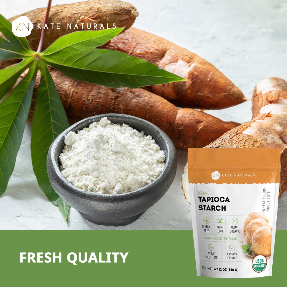 Kate Naturals tapioca flour dough texture closeup; gluten-free option with a neutral taste.