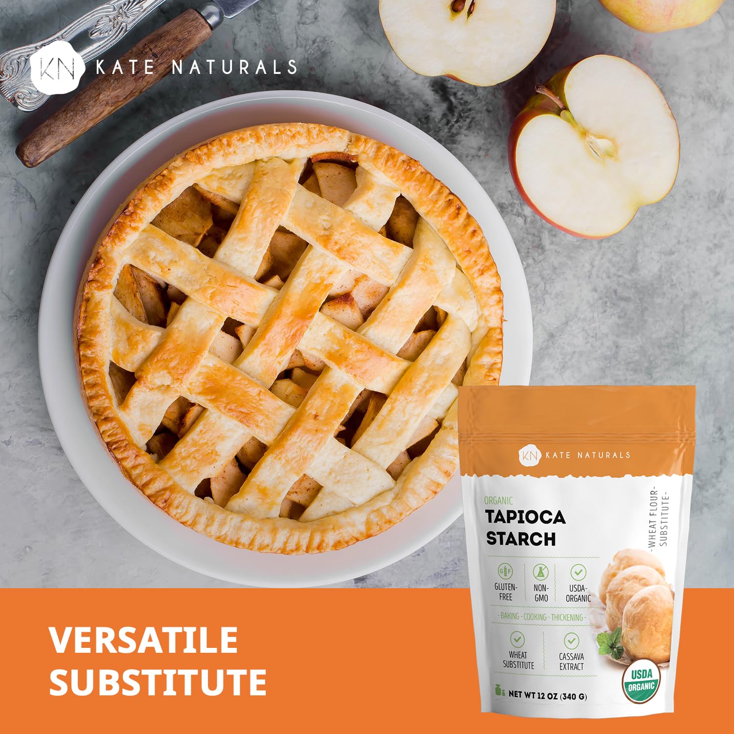 Kate Naturals tapioca flour label closeup; fresh gluten-free ingredient for versatile cooking.