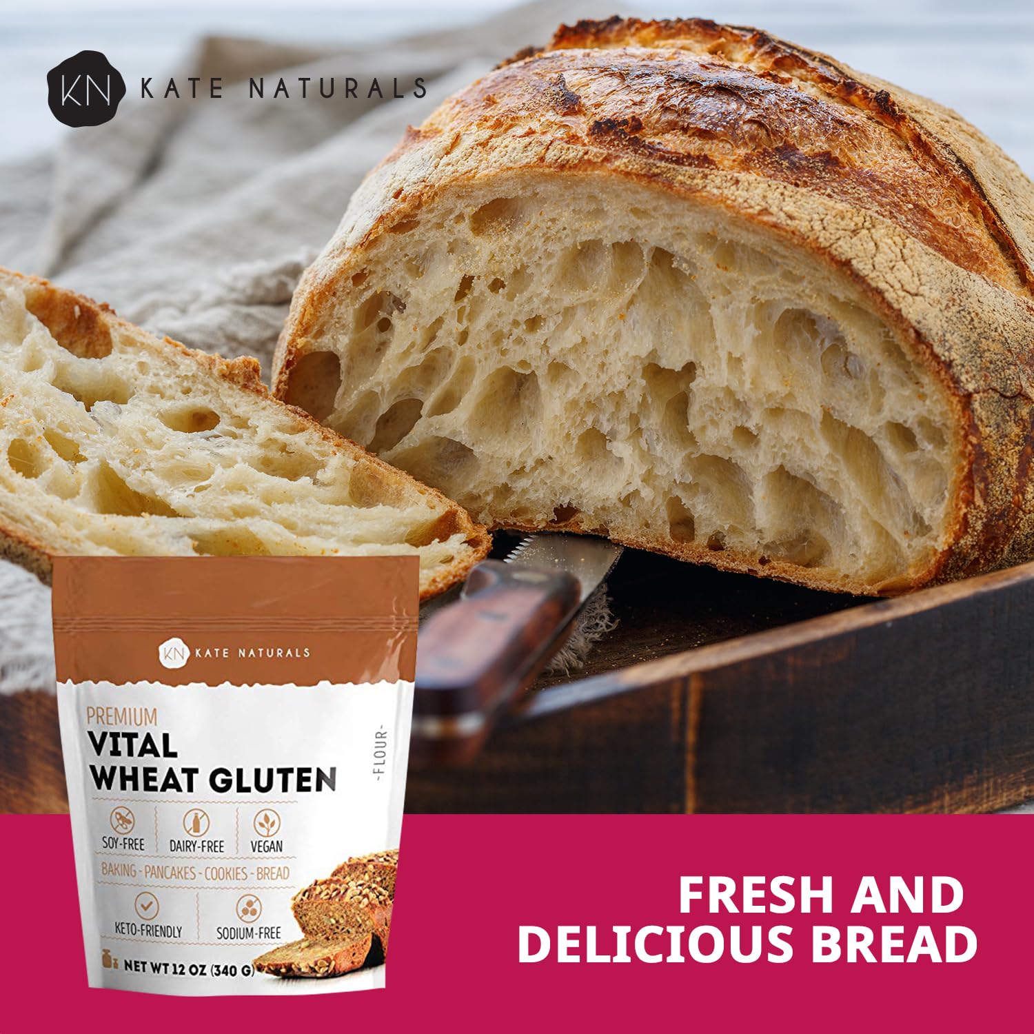 Bread machine loaf made with Kate Naturals Vital Wheat Gluten for bakery-quality crust.