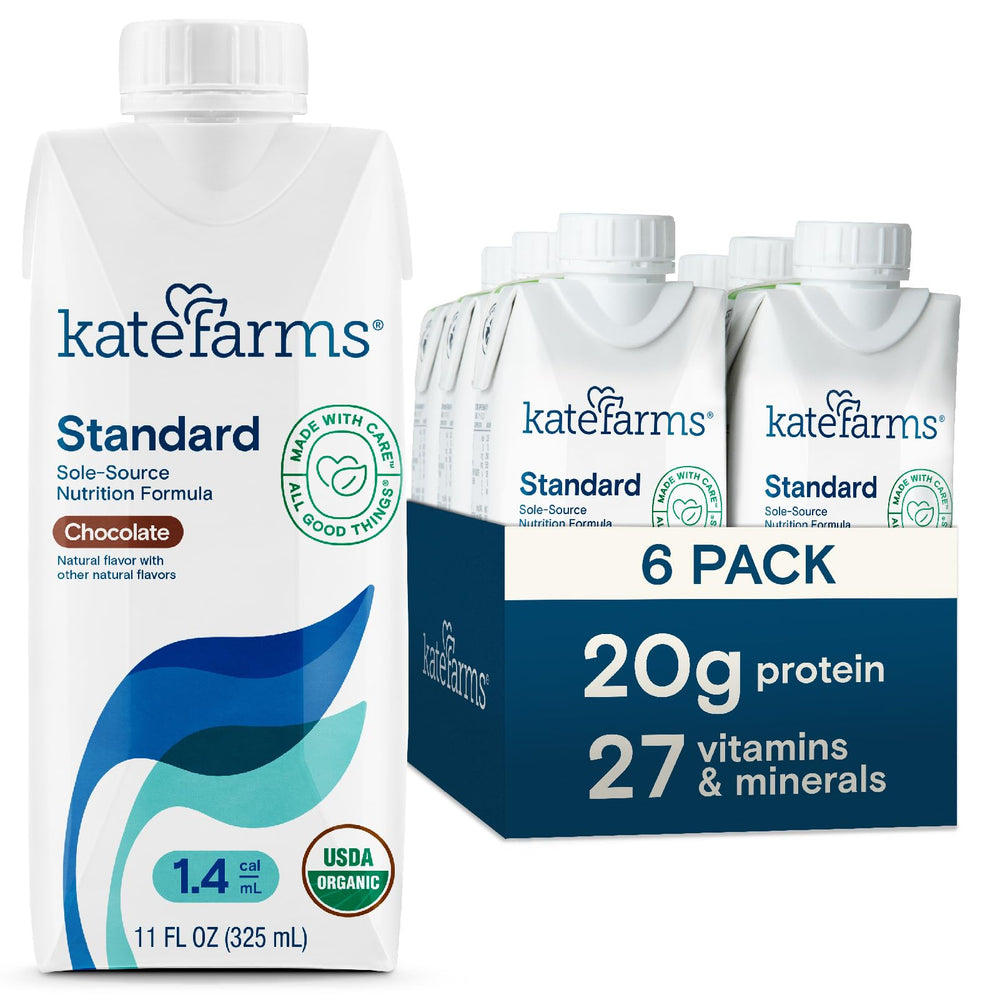 Kate Farms Organic 1.4 Chocolate Shake pouring, high-calorie plant-based nutrition for busy days.