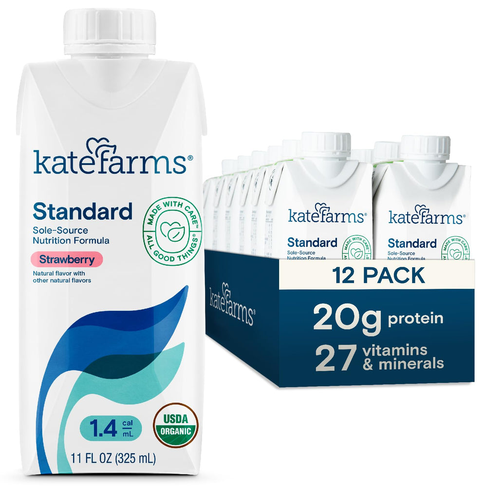 Kate Farms Organic 1.4 High Calorie Strawberry bottle showing rich nutrition