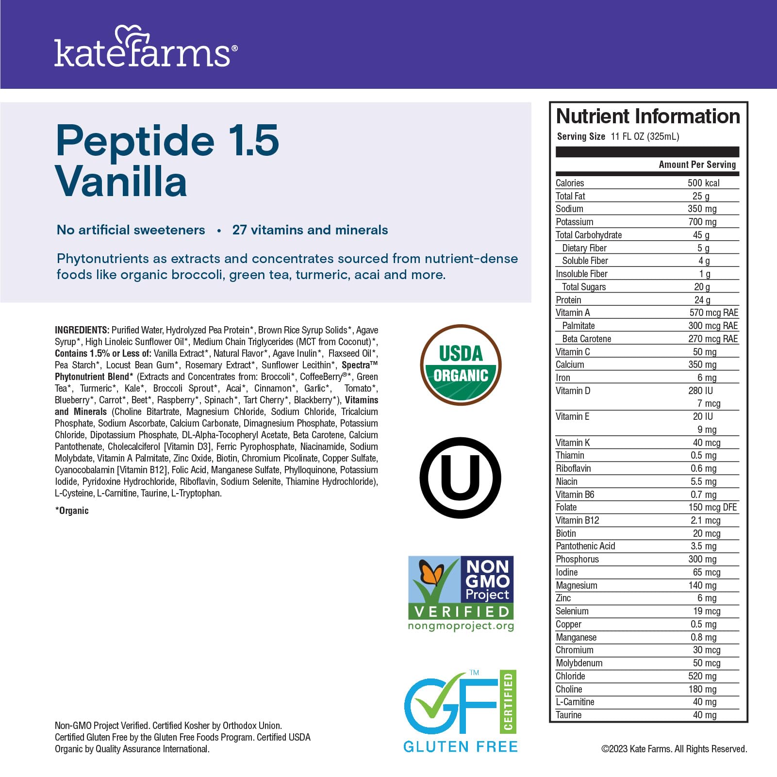 Kate Farms Organic ingredients label noting absence of artificial sweeteners and common allergens