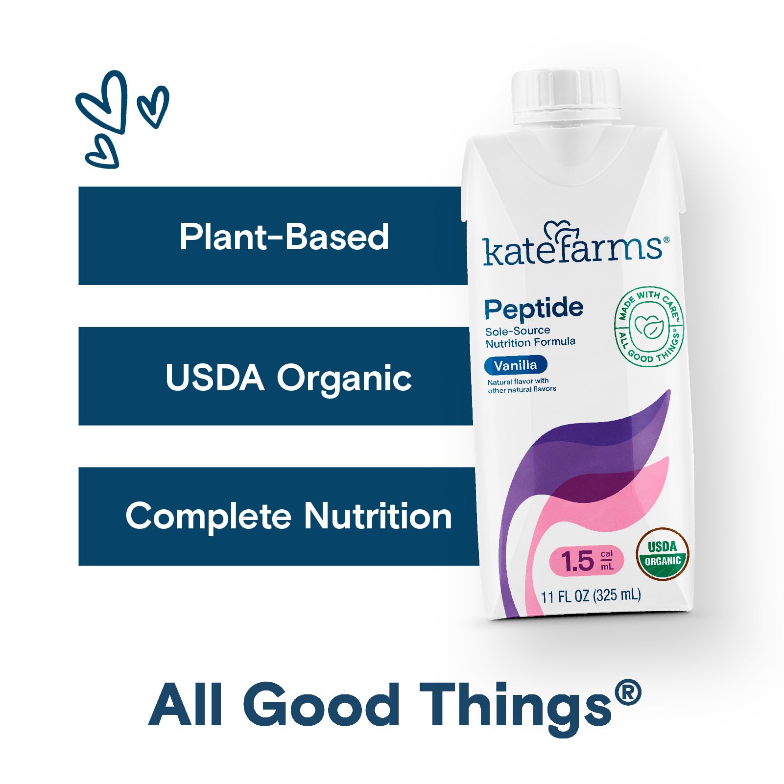 Kate Farms Organic Plant-Based formula with hydrolyzed pea protein on ingredient panel