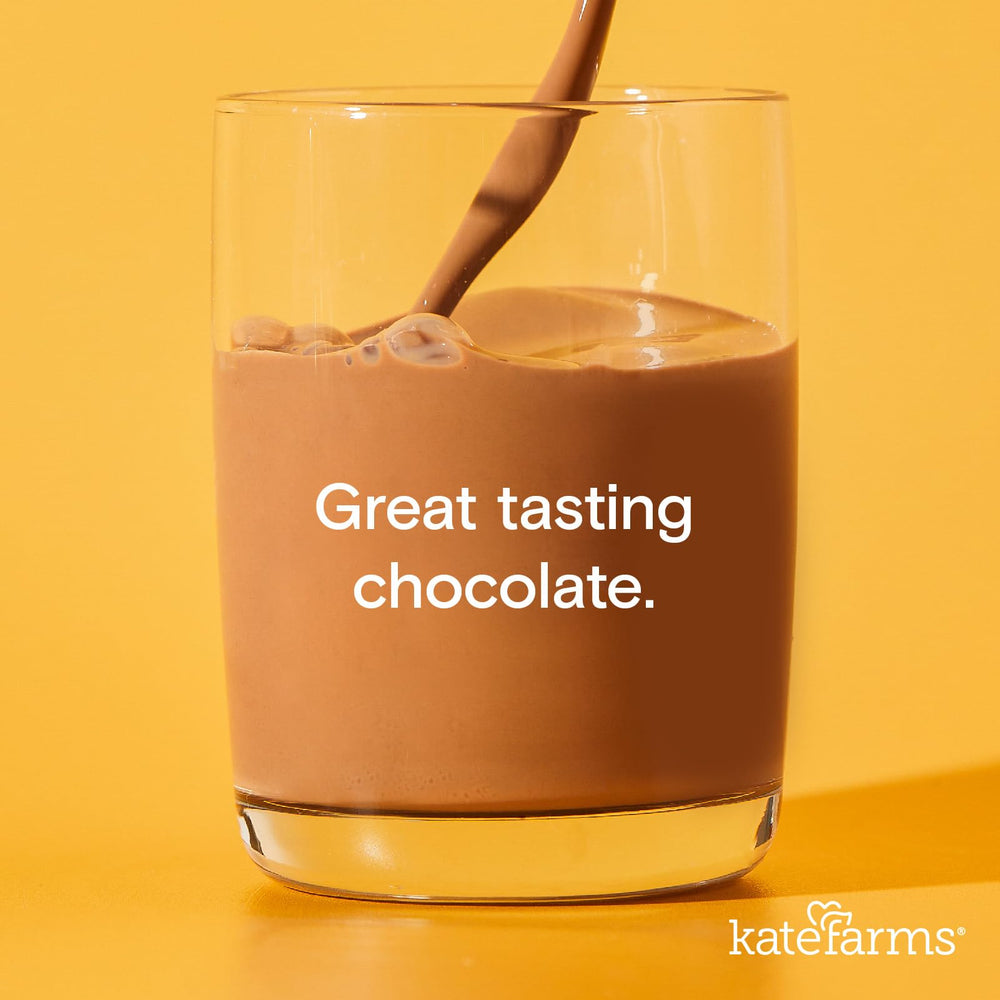 Kate Farms Organic1.0 Chocolate Shake pour highlighting smooth texture for a quick nutritious snack